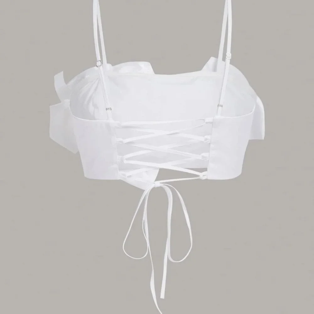 White Boho Womens Flower Decor Lace Up Back Cami Top - Picture 2 of 4